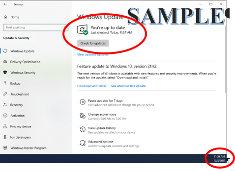 Example Windows Update screenshot for a TCA request, with the taskbar clock visible