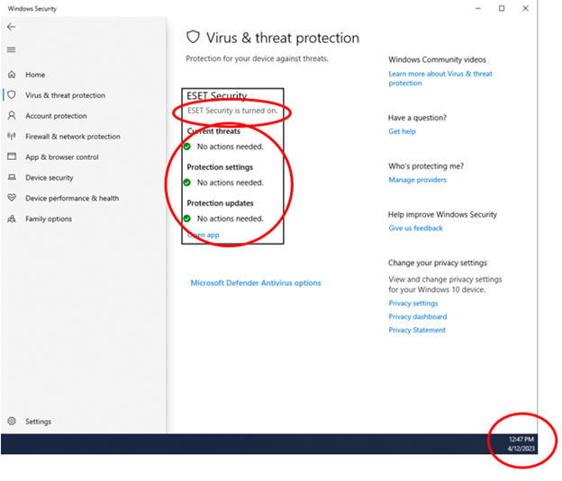 Example Windows Security screenshot for ESET showing all three sections and the taskbar clock