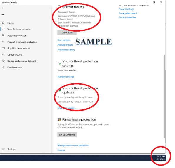 Example Windows Security screenshot for Windows Defender showing current threats, protection settings, protection updates and the taskbar clock