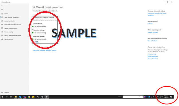 Example Windows Security screenshot for CrowdStrike showing all three sections and the taskbar clock