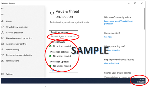 Example Windows Security screenshot for SonicWall showing all three sections and the taskbar clock
